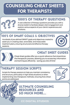 Enhance your therapy skills with your go to resources for therapy cheat sheets! Helpful therapy scripts, cheat sheet guides, 100's of SMART Goals and 1000's of therapy questions, perfect for counselors seeking to deepen their client engagement and session effectiveness. Shop now to access our comprehensive therapy resources and transform your practice today! #therapycheatsheets #counselingresources #thearpist #socialworkers #mentalhealth #bettermentalhealth #mentalhealthcheckin #therapytips Books For Therapists, Therapist Tips, Therapist Resources, Therapy Skills, Therapy Questions, Therapy Notes, Therapist Office, Health Activities