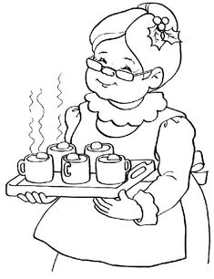 an old woman holding a tray with cups on it