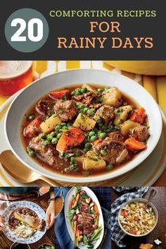 the cover of comforting recipes for rainy days, with an image of a bowl of stew and