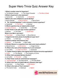 the super hero trivia quiz answer key is shown in red and black, with question marks