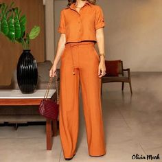 Olivia Mark - Stylish Solid Color Tailored Collar Top with High-Waisted Wide Leg Pants High Waist Two-piece Bottoms For Workwear, High Waist Workwear Sets With Pockets, High Waist Sets With Pockets For Work, Casual Fitted Sets With Straight Pants, Summer Orange Workwear Sets, Orange Summer Workwear Sets, Orange Workwear Sets For Summer, Solid High Waist Sets For Work, Casual Two-piece High Waist Set