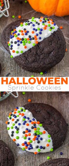 halloween sprinkle cookies with white frosting and colorful candies on the top