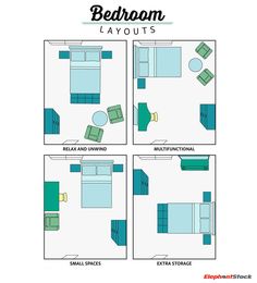 the bedroom layouts are shown in three different colors and sizes, including blue and green