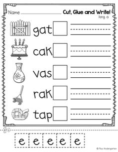 a worksheet with the words cut, glue and write in it for kids