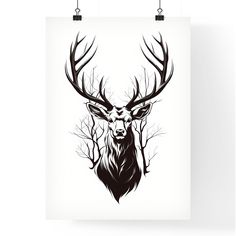 a black and white deer with antlers on it's head is hanging from the wall