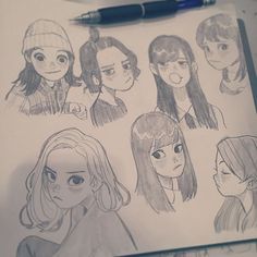 a pencil drawing of some people with different hair styles and facial expressions on paper next to a pen