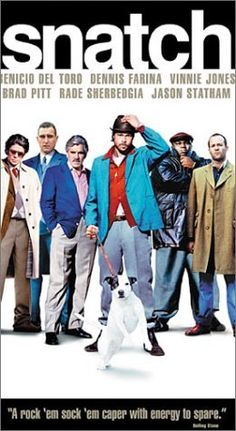 a movie poster for the film snatch with men standing in front of a white dog