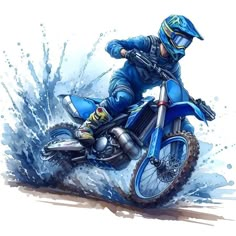 a man riding on the back of a dirt bike through blue splashing water,