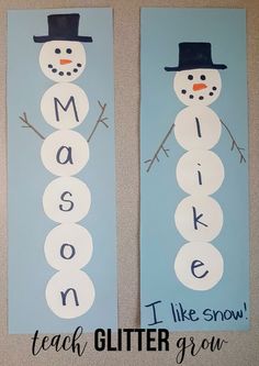 two snowmen made out of paper with the words make and i like snow on them