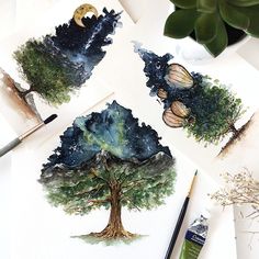 three watercolor paintings of trees with moon and stars in the night sky, on white paper