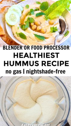 the ingredients to make hummus in a blender, and then being made into an appetizer