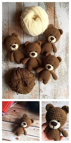 crocheted teddy bears and balls of yarn sitting on a wooden table with the same pattern