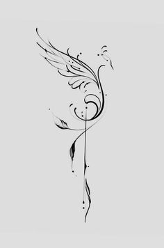 a black and white drawing of a bird with swirls on it's wings