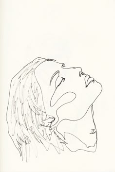 a black and white drawing of a woman's face with her hair blowing in the wind