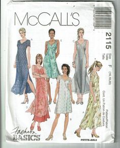 a women's dress pattern with different styles and colors, including one in the front