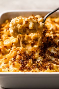 a spoonful of macaroni and cheese being lifted from a casserole dish