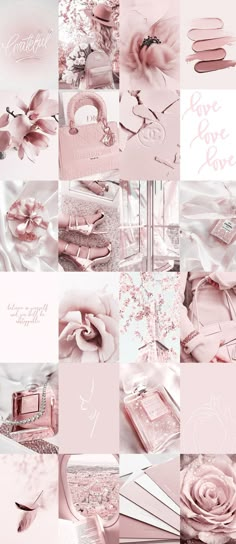 pink and white collage with flowers, perfumes and other things on it's side