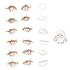 the steps to draw an anime character's eyes with different shapes and sizes, including one