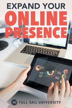 a person using a tablet on a desk with the text expand your online presence in front of them