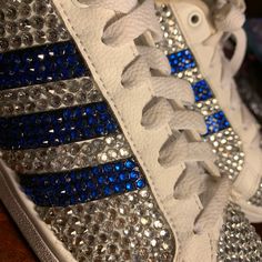 These Are Pre-Owned Adidas Originals That Are Blinged Out With Rhinestones. I Hand Stoned These Shoes With Clear And Blue Crystals. Each And Every Crystal Is Set By Hand With Top Quality, Permanent Adhesive. Shoes Adidas, Blue Adidas, Blue Crystals, Adidas Shoes, Blue And Silver, Adidas Women, Diy Clothes, Adidas Originals, Athletic Shoes