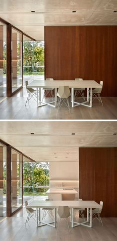 two photographs of a dining table and chairs in front of wooden paneled walls with sliding glass doors