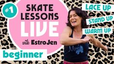 a poster with the words skate lessons live and an image of a woman laughing in front of a leopard print background