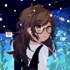 a girl with glasses and a tie is standing in front of some snowflakes