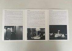 an open book with black and white photos on it's pages, showing images of people sitting at a table