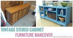 an old dresser turned into a furniture makeover with vintage stero cabinet doors and drawers