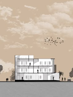 an architectural rendering of a building with birds flying overhead