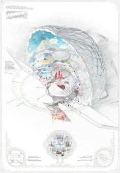 an architectural drawing shows the inside of a building with many different sections, including spirals and