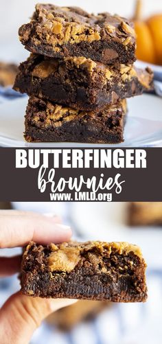 chocolate peanut butter brownies stacked on top of each other with the words butterfingerer brownies below