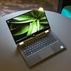 an open laptop computer sitting on top of a table next to a green plant in the background