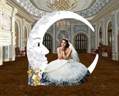 a woman in a wedding dress sitting on the moon