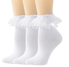 PRICES MAY VARY. Women's White Ruffle Socks are the perfect blend of style and comfort. The adorable ruffle design adds a touch of cuteness and fun to any outfit, making them perfect for women looking for cute and fashionable socks. The lettuce edge design also gives them a playful touch.creating a captivating accessory that garners attention and compliments with their sophisticated design creating a glamorous accessory. Material & Size: 80%Cotton,17%Polyester,3%Spandex. Fit womens shoe sizes 5- White Socks With Ruffles, Socks With Ruffles, White Ruffle Socks, Ruffle Socks, White Goth, Frilly Socks, Ruffled Socks, Womens Shoe, Ankle Socks Women