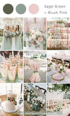 a collage of photos with pink, green and white wedding colors in the background