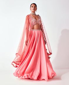 Amitabh Malhotra-Coral Embroidered Lehenga Set-INDIASPOPUP.COM Flared Lehenga, Blouse Yoke, Coral Fabric, Embroidered Belt, Designer Label, Net Dupatta, Color Coral, Indian Wear