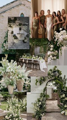 a collage of photos with white flowers and greenery