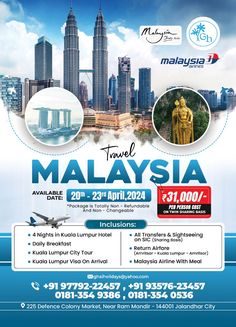 an advertisement for malaysia with the image of a statue in front of a cityscape