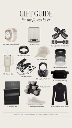 the gift guide for the fitness lover is shown in black and white, with accessories