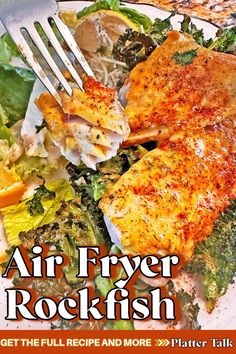 an advertisement for air fryer rockfish on a white plate with greens and lemon wedges