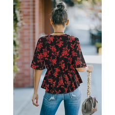 Red Floral Print Ruffle Hem Chiffon Tops Summer Red Chiffon Blouse, Chic Red Top With Ruffle Hem, Red Chiffon V-neck Blouse, Chic Red Chiffon Top, Red Chic Chiffon Blouse, Chic Red Chiffon Blouse, Red Floral Print, Top Shirt Women, Chiffon Shirt