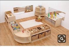 a child's playroom with toys and books on the floor, including shelves