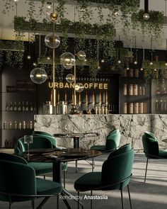 the interior of an urban coffee shop with green chairs and marble counter tops, hanging plants on the wall