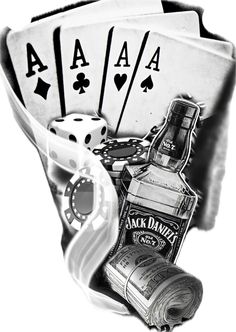 black and white photograph of playing cards, poker chips, dices and liquor bottle