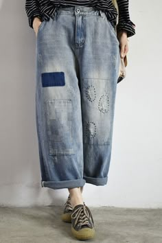 #jeans #embroidery #bootcute #patchwork Jeans Patchwork Diy, Patchy Clothes, Patched Knee Jeans, Patcheork Jeans, Vintage Patchwork Denim Jeans, Spring Patchwork Full-length Jeans, Bohemian Wide Leg Patchwork Jeans, Patchwork Jeans Street Style, Patchwork Jeans Diy