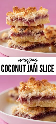 three pieces of coconut jam slice stacked on top of each other with text overlay reading amazing coconut jam slice