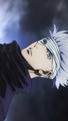 an anime character with white hair and blue eyes looking up at something in the sky