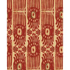 a red and beige rug with an intricate design