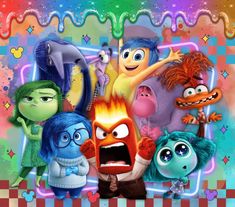 the characters from inside out in front of a colorful background with stars and sparkles